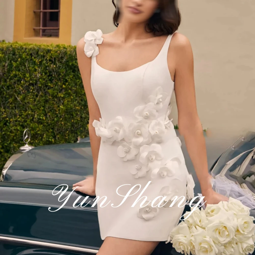 YunShang Abiti da sposa corti sexy personalizzati Maniche corte A-Line Nuziale Growns Archi Perle Sopra il ginocchio Lunghezza Illusion Vestido