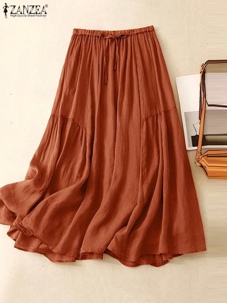 

ZANZEA Elegant Stitching Chiffon Faldas Women Solid Color Skirt 2024 Holiday Elastic Waist Lace Up Jupes Casual A-Line Overskirt