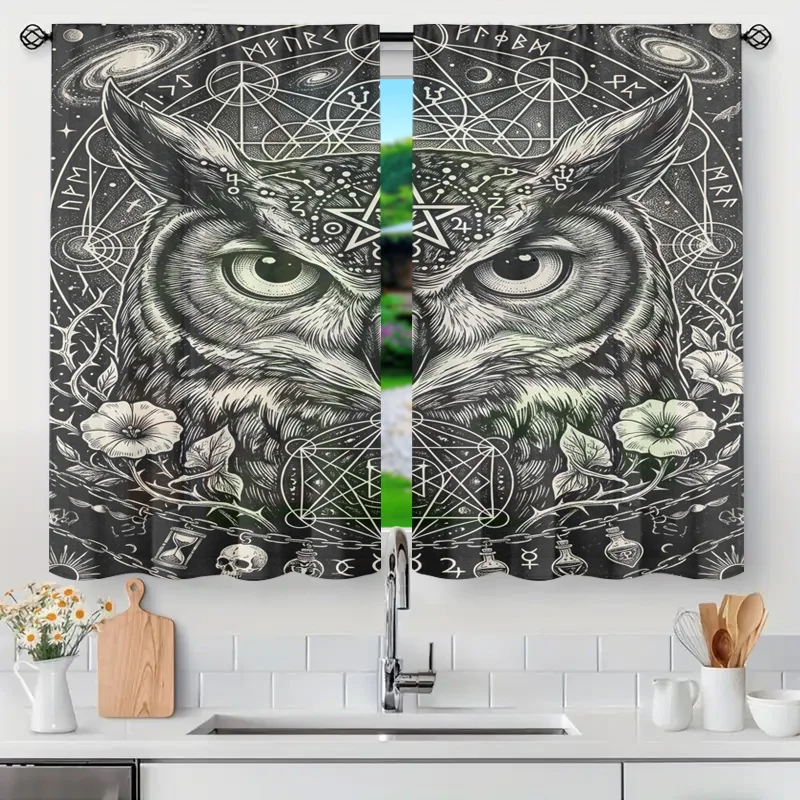 Bohemian Witchy Astrology Zodiac Occult Owl Curtain Celestial Mystic Pattern Divider for Bathroom Shower or Window Decor