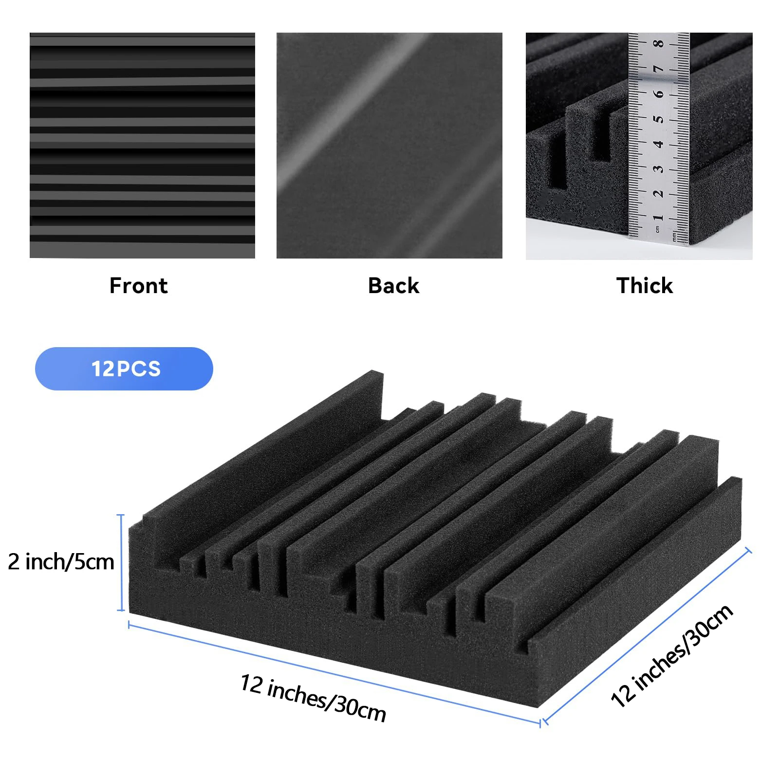 HERTBER Panel de absorción de sonido de pared con espuma acústica insonorizante de 30 × 30 × 5 cm con parte trasera adhesiva para reducción de ruido en interiores, 12/24/48 unidades