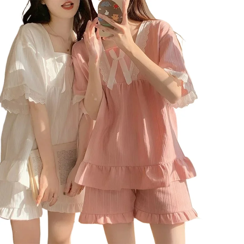 

Palace Style Pajamas Ladies Summer Loungewear Set Short-Sleeved with Cushion Korean Small Sweet Girlfriends Loungewear Set