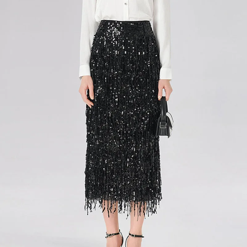 2026 Spring Sexy Glitter Sequin Shiny Party Skirt Elegant High Waist Slim Office Ladies Skirts Summer Split Tassel Women's Skirt