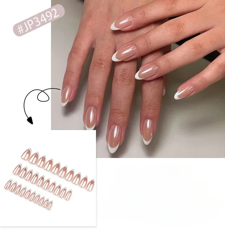 French White Press on Nail Short Almond Mid-length Nail Art Repeatable Round Head Oval Full Cover False Nail Tips 24pcs