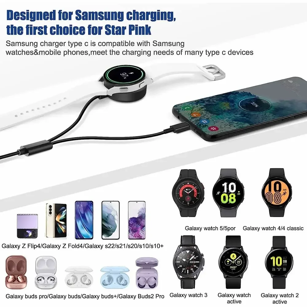 2 in 1 PD Type C Charger Cable for Samsung Galaxy Watch 6 /6 Classic/5 Pro/4/3/Active2/1,USB C Charging for S23 Ultra/S22/21/20