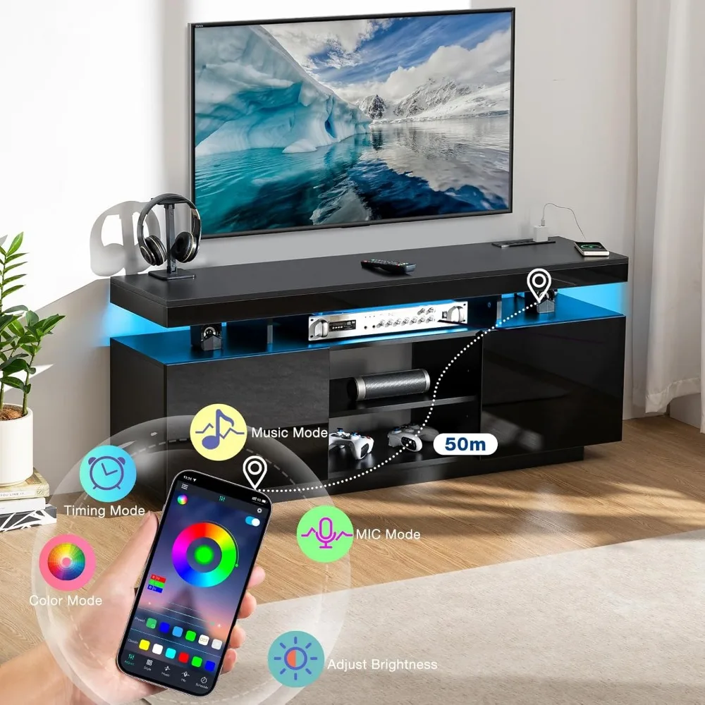 55-32인치 TV용 모던 LED TV 스탠드 (전원 콘센트, 수납공간, 게임 콘솔용 엔터테인먼트 센터 포함)