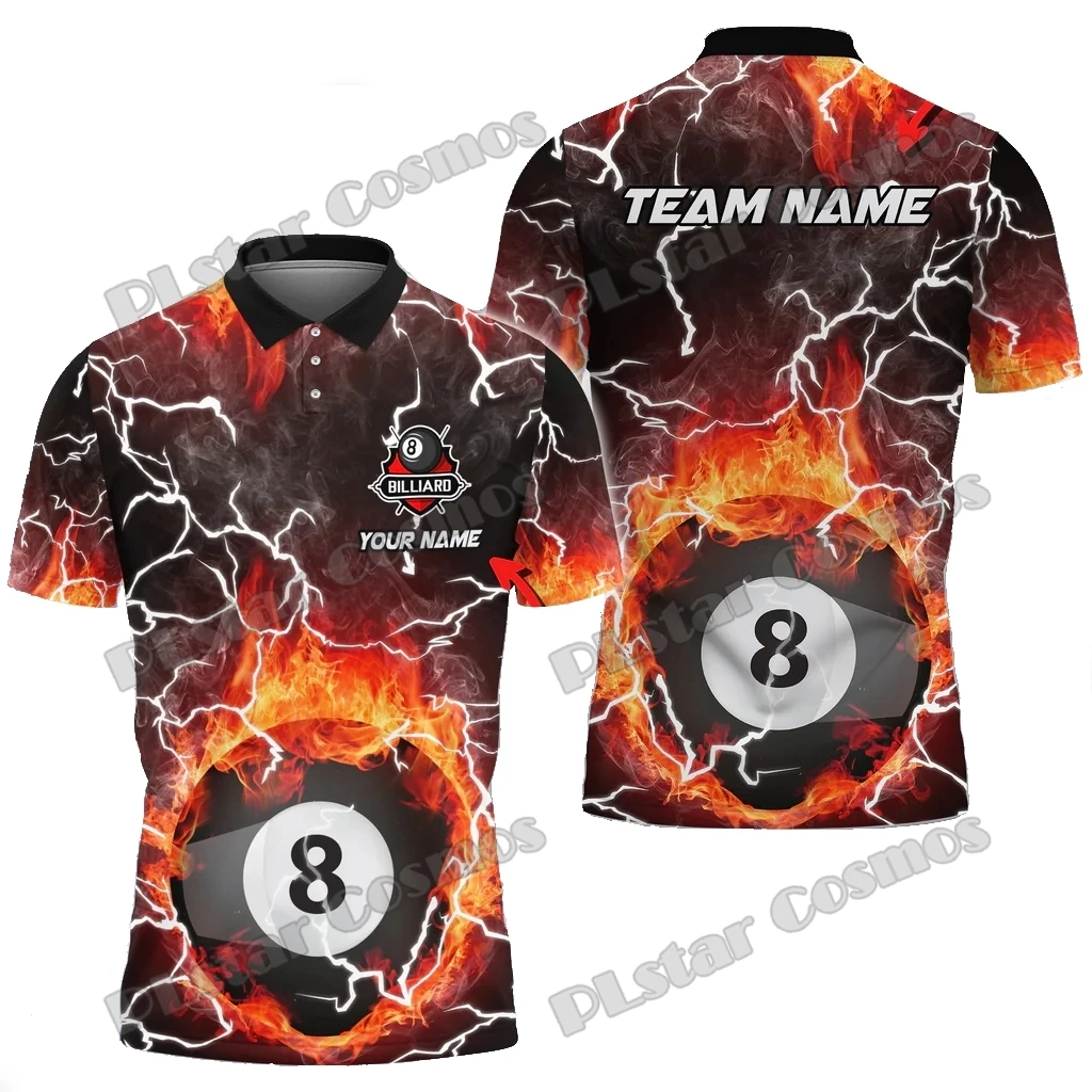 Billiards 8 Ball Fire Colorful Rays Of Light Custom Name 3D Printed Premium Men's Polo Shirt Summer Casual Polo Shirt POL162