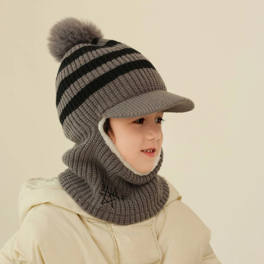 Winter Baby Knitted Hat Scarf Kids Boys Girls Hood Hats Toddler Earflap 𝐁eanie With Neck Warmer Pompom Outdoor Snowball Hat
