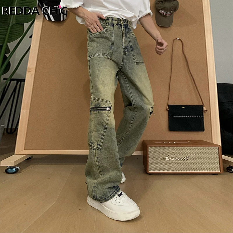 REDDACHIC Zipper Pockets Men's Cargo Pants Vintage Wash Green Low Waist Trousers Wide Leg Baggy Jeans Y2k Hip-hop Streerwear