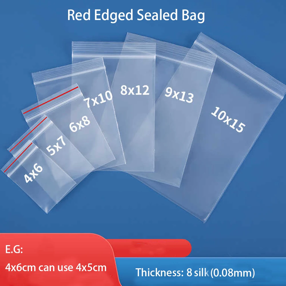 100-200Pcs 0.08mm Red Edged PE Food Storage Zipper Bag Jewelry Gift Biscuit Candy Packaging Bag Resealable Household Sealing Bag