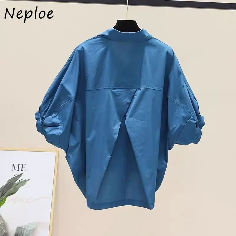 Neploe Bat Sleeve Blouses Femme 2022 Summer Loose Casual Hem Waist Shirts Solid Color Chic French Simple Lapel Collar Blusas