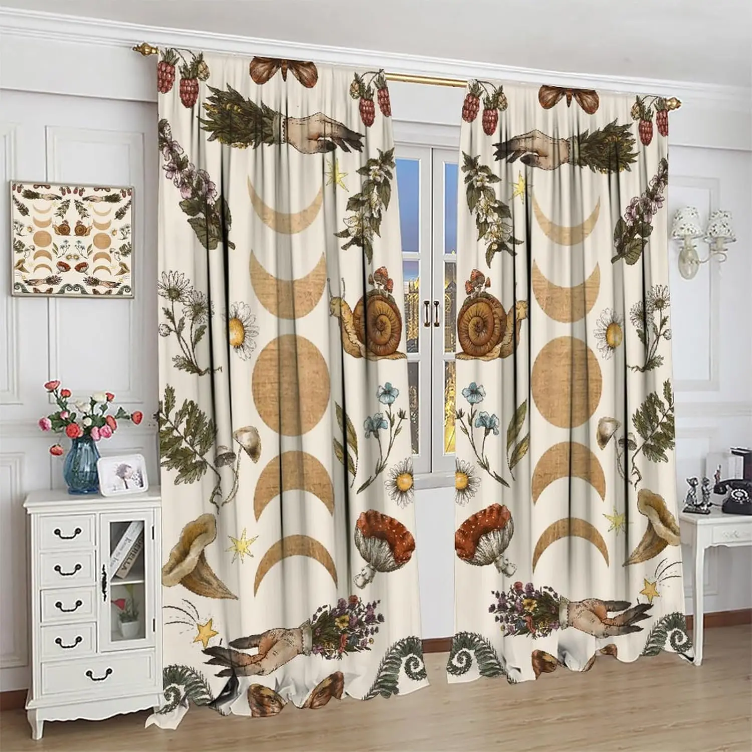 Vintage Moon Phase Curtains, Retro Witchy Hands Magic Wildflower Floral Butterfly Mushroom Plant Insect Print Blackout Window