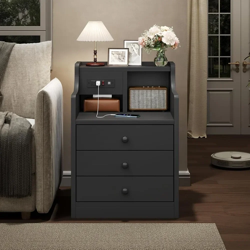 Nightstand with Charging Station 3 Drawers, Wood Sofa End Side Table with USB Ports and Outlet, Bedside Table Bedroom Nightstand