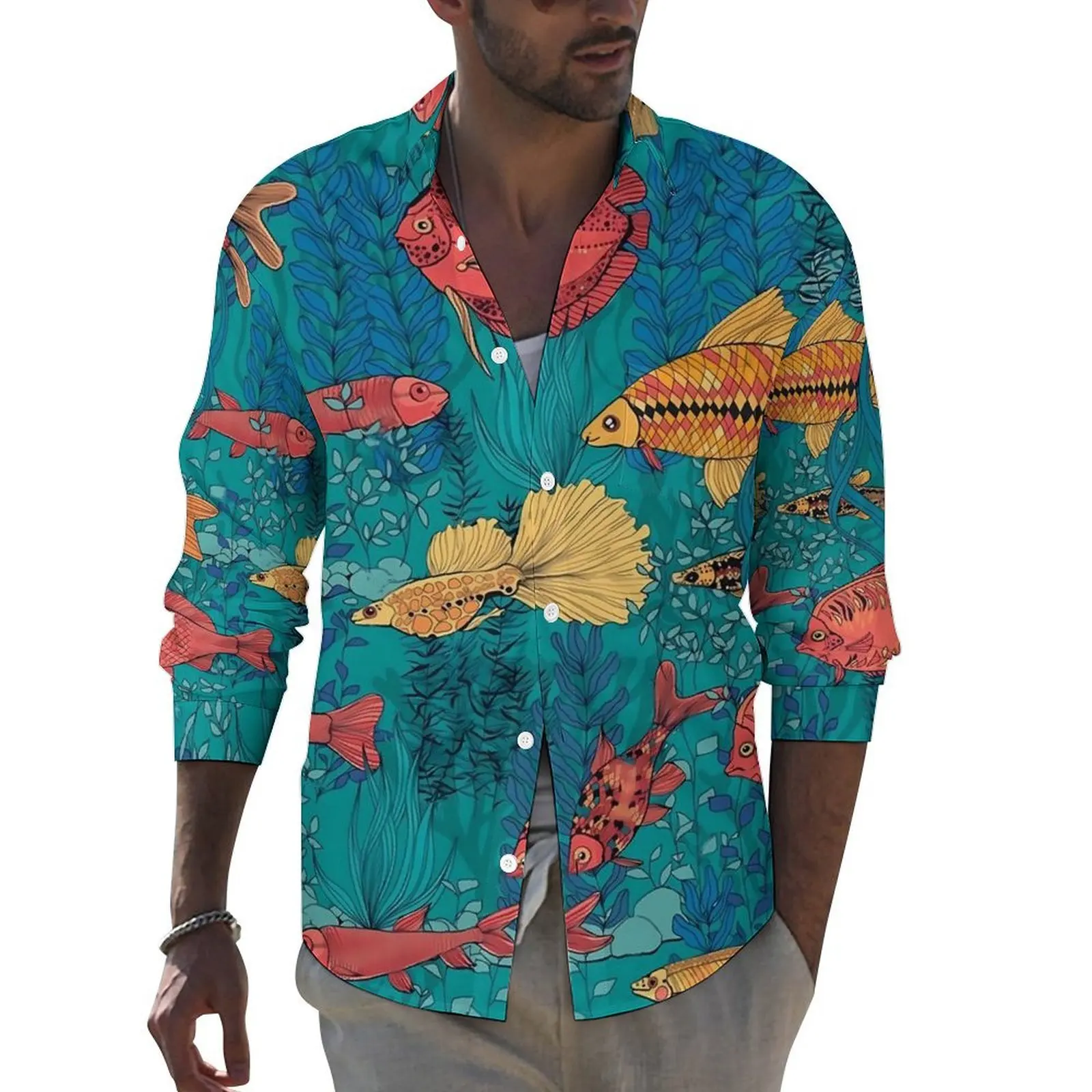 Tropical Marine Casual Shirts Men Fish Garden Shirt Long Sleeve Trendy Streetwear Blouses Spring Graphic Clothes Plus Size