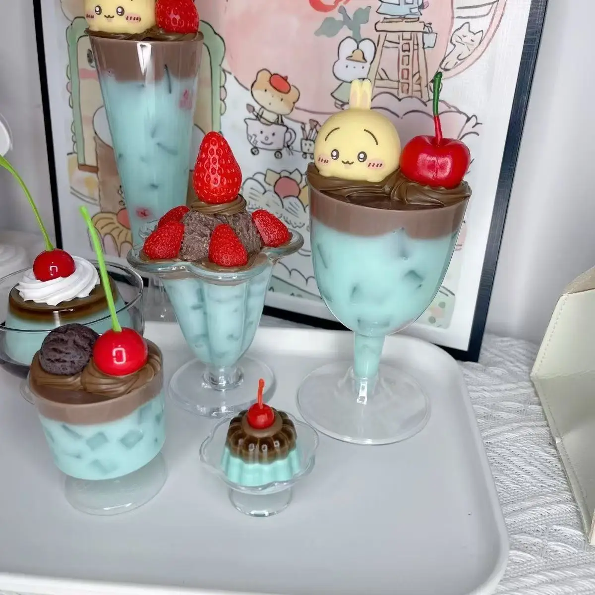 غرفة الديكور خمر نمط لطيف بودنغ الحلي النعناع الشوكولاته الحلوى ديكور نافورة الصودا الفيلم الدعائم لطيف بودنغ