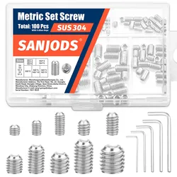 Set Screws Assortment Kit  M3 - M8 with Allen Keys - 100 PCS 304 Stainless Steel Grub Screw for Fixtures Knobs Faucets & More