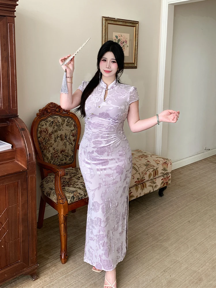 

New Chinese Style plus Size Women's Dress Purple Embroidered Short Sleeve Stand Collar Beautiful A-Line Midi Dress for All Oc...