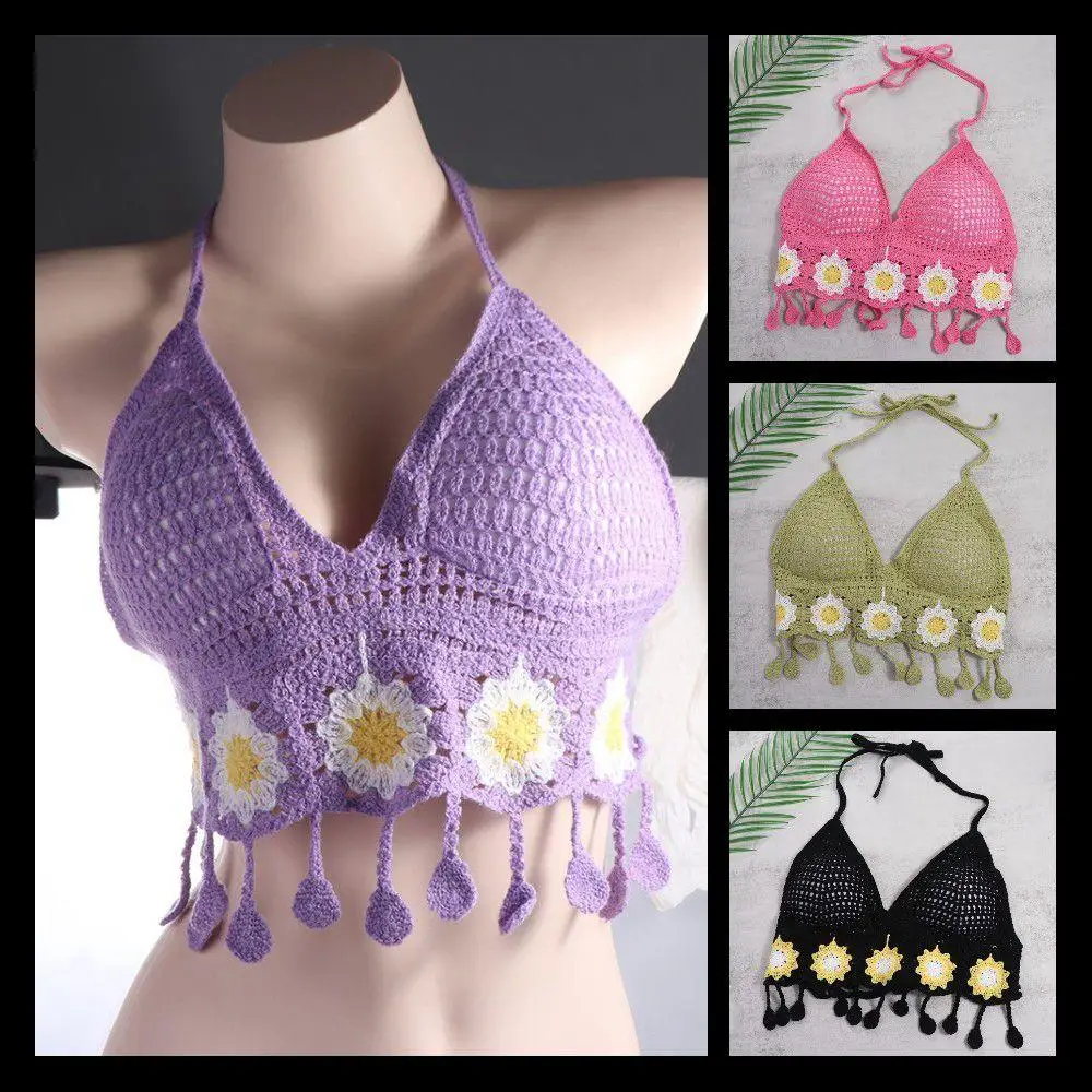 Crochet sans manches Style bohème gilet rétro brodé femme Camisole style ethnique fleur suspendus cou débardeurs plage