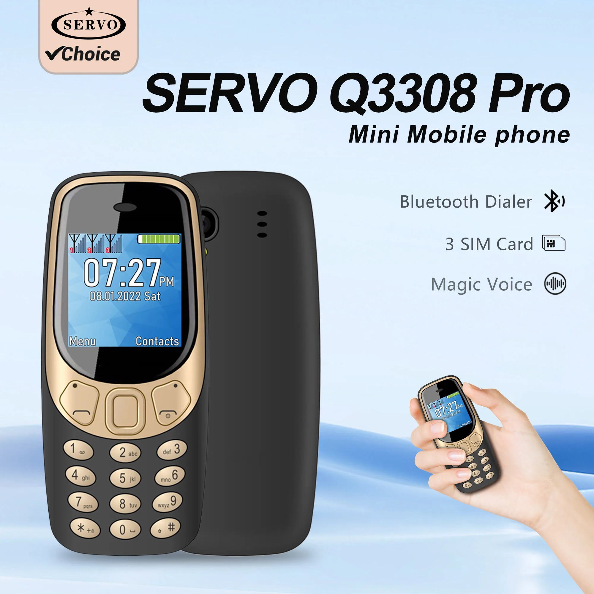 SERVO Q3308 PRO Mini Mobile Phone 3 SIM Card Magic Voice Bluetooth Dial Call Record Speed Dial Unlocked Small Cellphone FM Radio