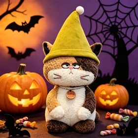 Halloween Wizard Cat Plush Toy, Black Cat Stuffed Doll with Witch Hat, Desktop Ornament, Party Decoration Holiday Gift