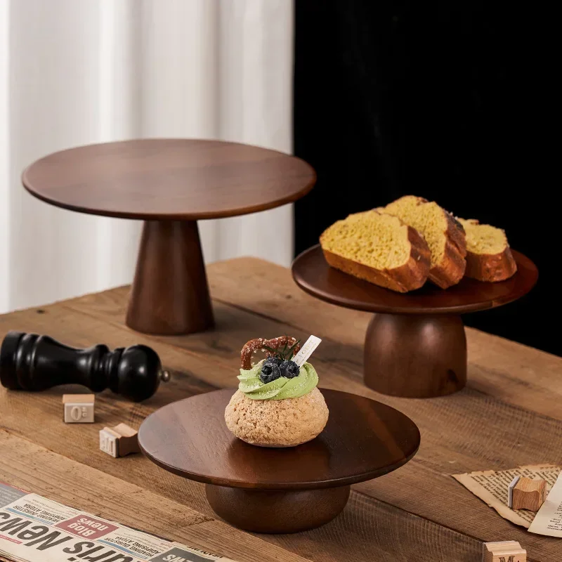 

Retro Acacia Wood Cake Tray Living Room Dessert Plate Dessert Table Display Rack Round High Fruit Bowl Tableware Storage Tray