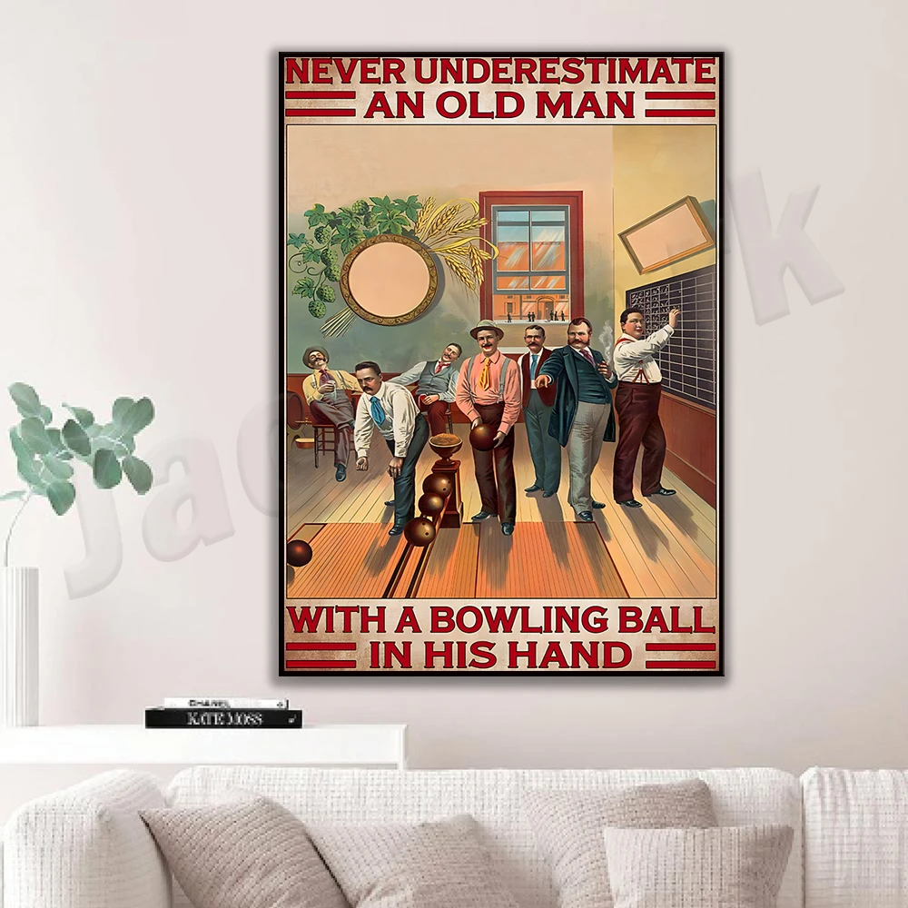People Play Bowling sign vintage club decoration poster, an old man holding a bowling ball poster wall decoration
