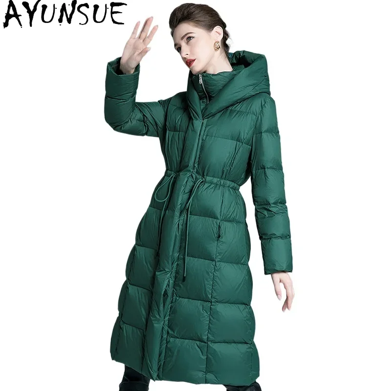 AYUNSUE White Duck Down Puffer Jacket Women with Hood 2024 Winter Long Coat Green Down Coats Oversize Womans Clothing Пуховики