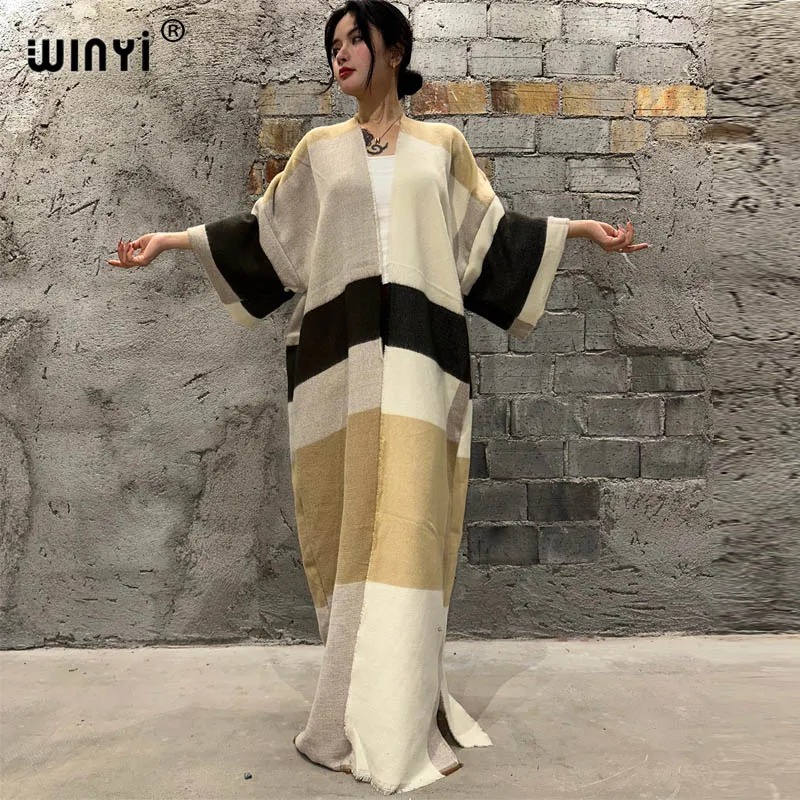 WINYI elegant Winter Plaid print cloak Women High Quality poncho tassels Luxury Loose OverCoat Thick Warm Female maxi coat top