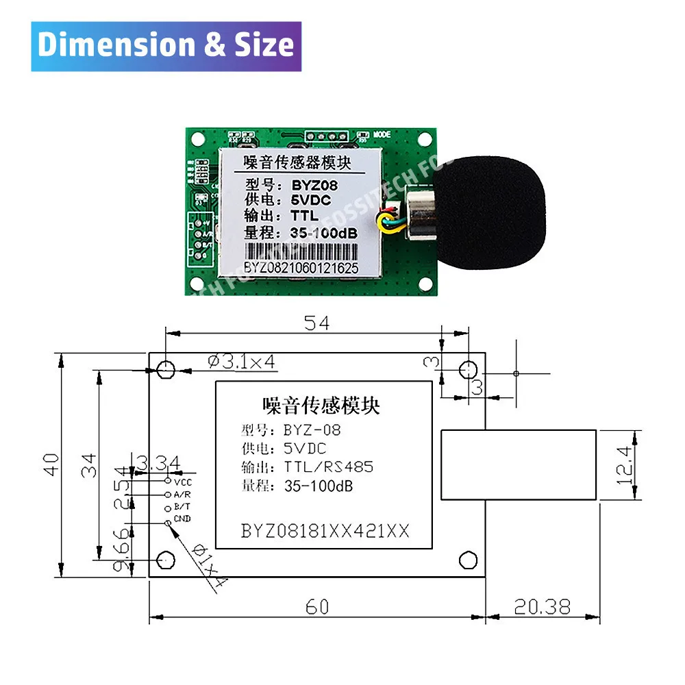 Imagem -04 - Módulo Industrial do Detector do Ruído Ambiental Módulo do Sensor do Ruído Medidor Sadio do Decibel Byz08 5v 12v Ttll Rs485 Output