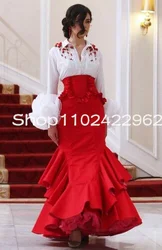 White Red Canavate Mermaid Prom Occasion Dresses Ruffles Skirt Floral Moda Flamenca Shirt Top Celebrity Evening Gown