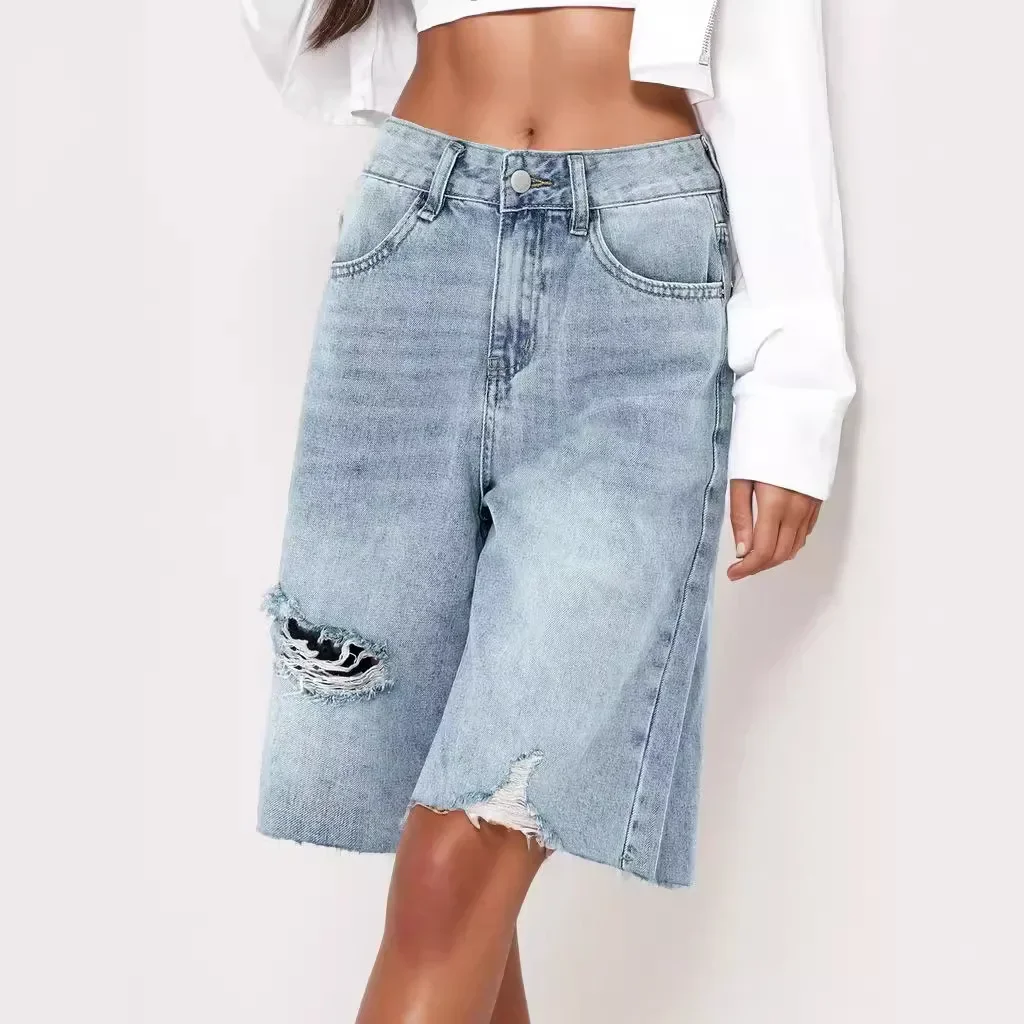 High Waist Retro Jeans Women's Bleached Ripped Loose Raw Hem Cropped Pants Knee Length Denim Shorts