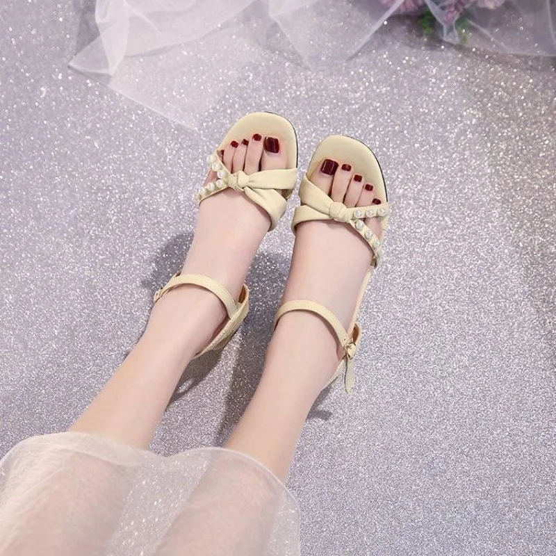 One Word Green Summer 2024 Sandals for Women Bow Pearl Beige Ladies Shoes Footwear Comfortable and Elegant Shoe Korea Sandal F H