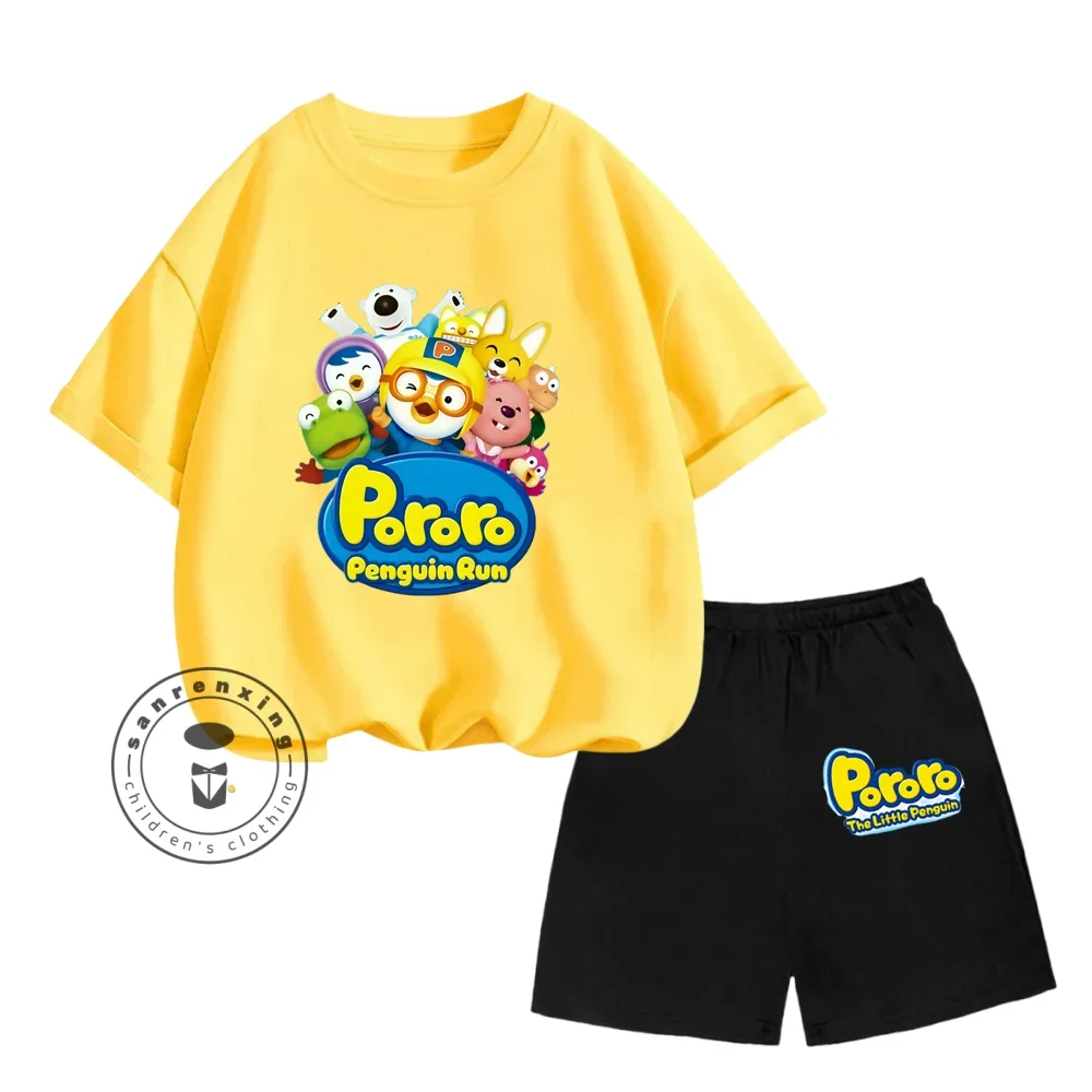 2024 estate calda Pororo coreano simpatico cartone animato stampa Design o-collo KawaiiT t-shirt + pantaloncini traspiranti larghi bambini Casual