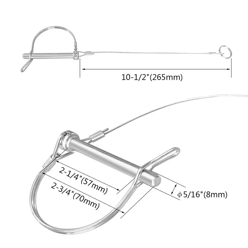 Silver Trailer Coupler Pin 5/16-Inch Diameter X 2-3/4-Inch Long Trailer Pins With Plastic Coating Tether 10Pc 11-1/2Inch Length