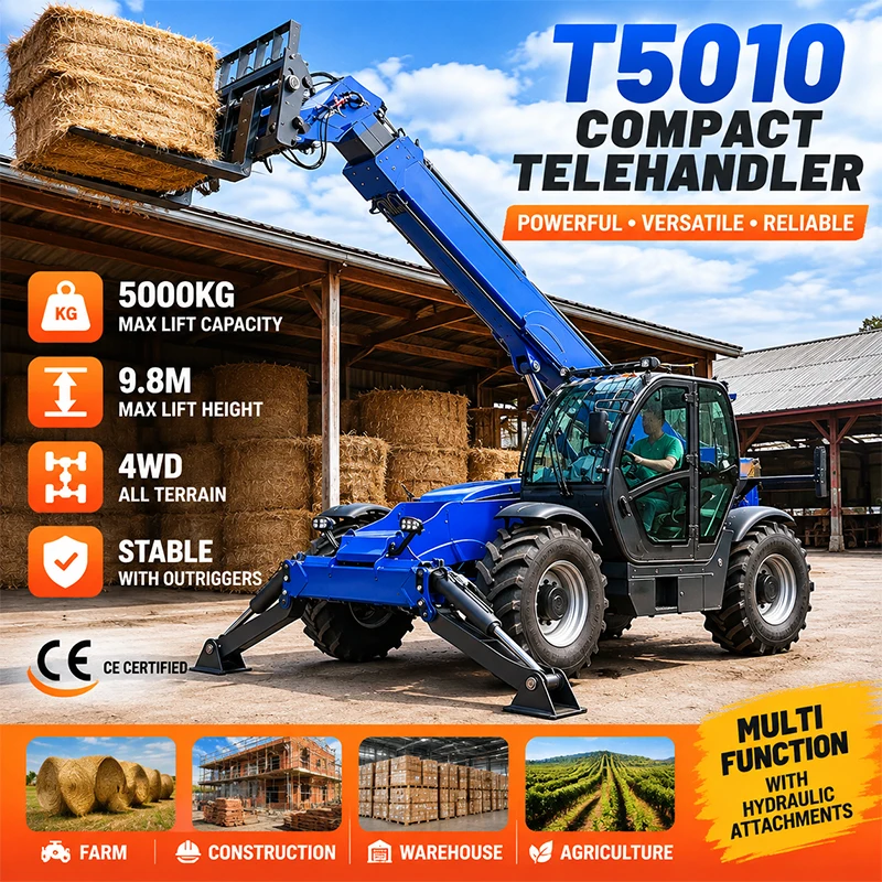 Новый телескопический погрузчик T4007 4WD с множеством навесного оборудования для строительных и сельскохозяйственных проектов.