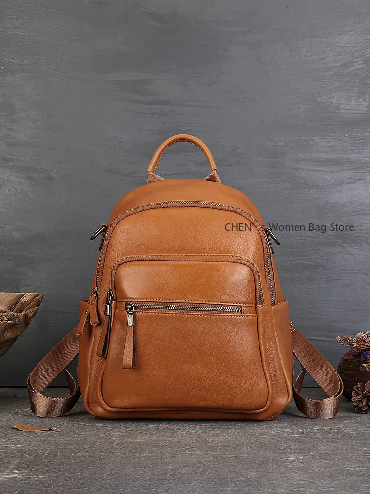 

High Quality Vintage A4 Coffee Brown Black Full Grain Genuine Leather Women's Backpack Cowhide Girl Female Travel Bag Lady