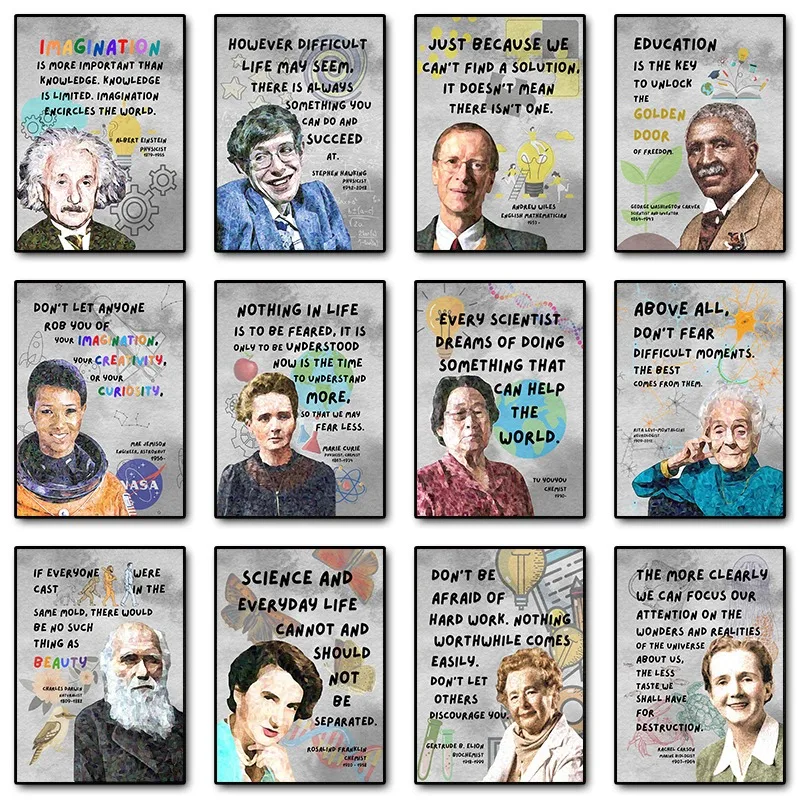 Famous Scientists Motivational Quotes Wall Art Poster Prints Portrait Canvas Painting for Science Classroom Kids Room Home Decor