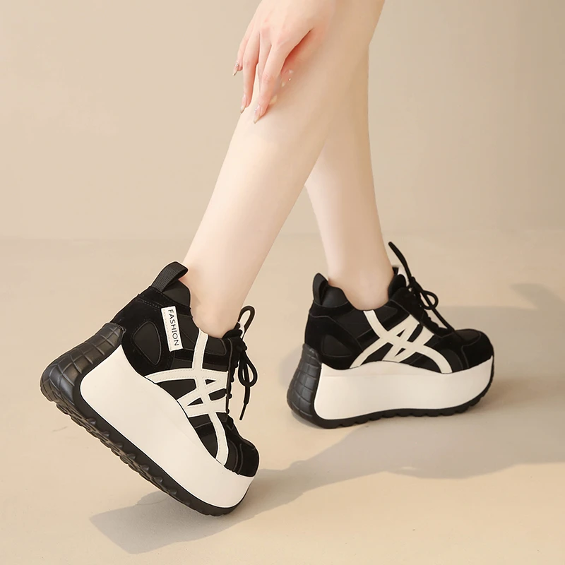 

New Autumn Women High Platform Leather Sneakers Tennis 10CM Hidden Heels Casual Sport Shoes Lace-up Chunky Dad Shoes Woman Mujer