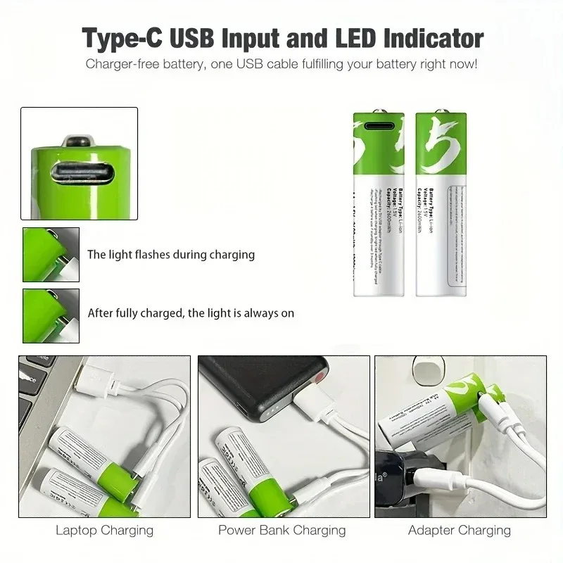 

1.5V 2600mWh AA Type-C with USB battery Rechargeable Li-Ion Batteries for Small Fan Electric Toys Remote Control + Type-c Cable