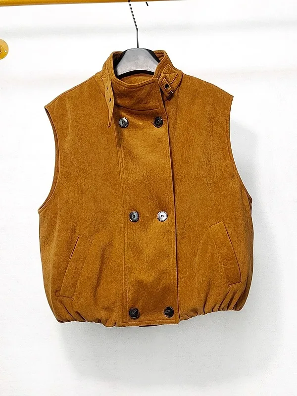 

Retro Double-Breasted Stand Collar Velvet Vest Women's ort 90 White Du down Svel Jaet Outerwear Commute Sle