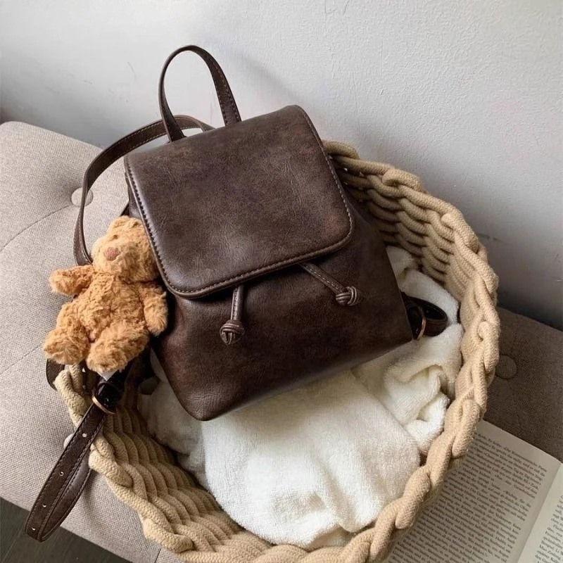 New American retro brown backpack female new ins wind small drawstring texture single shoulder small backpack