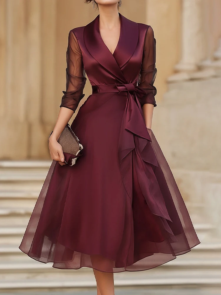 Vestido Feminino de Festa com Decote em V, Estilo High Street, Primavera Verão, com Patchwork de Malha e Cadarço, Liso, Elegante, Estilo Princesa, Moda Urbana