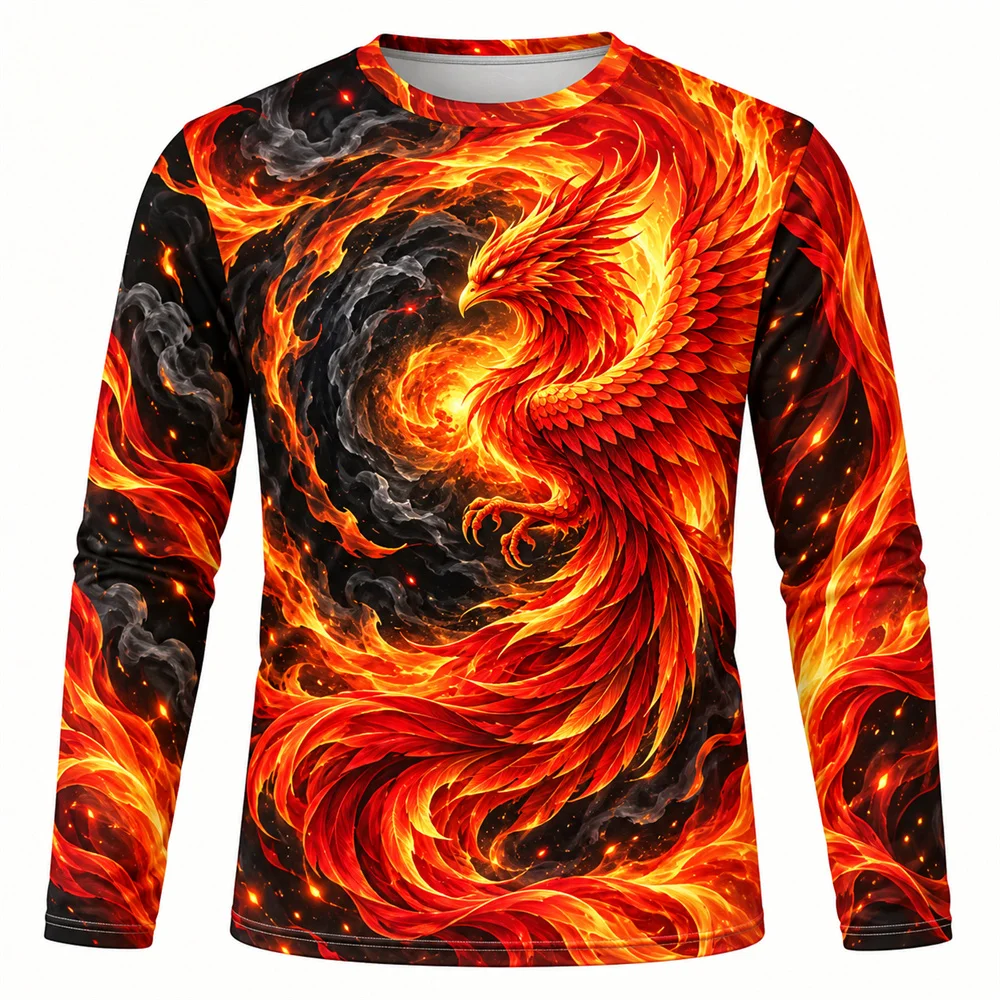Fire Phoenix 3D Printed Long Sleeve T Shirt for Men Mythical Bird Flame Graphic Crew Neck Casual Top Fantasy Art Street Fashion