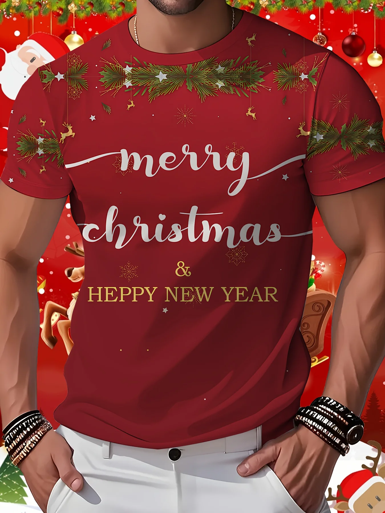 

Мужская рождественская футболка со словами «С Рождеством и с Новым годом» для ежедневных занятий — повседневный топ Four Seasons