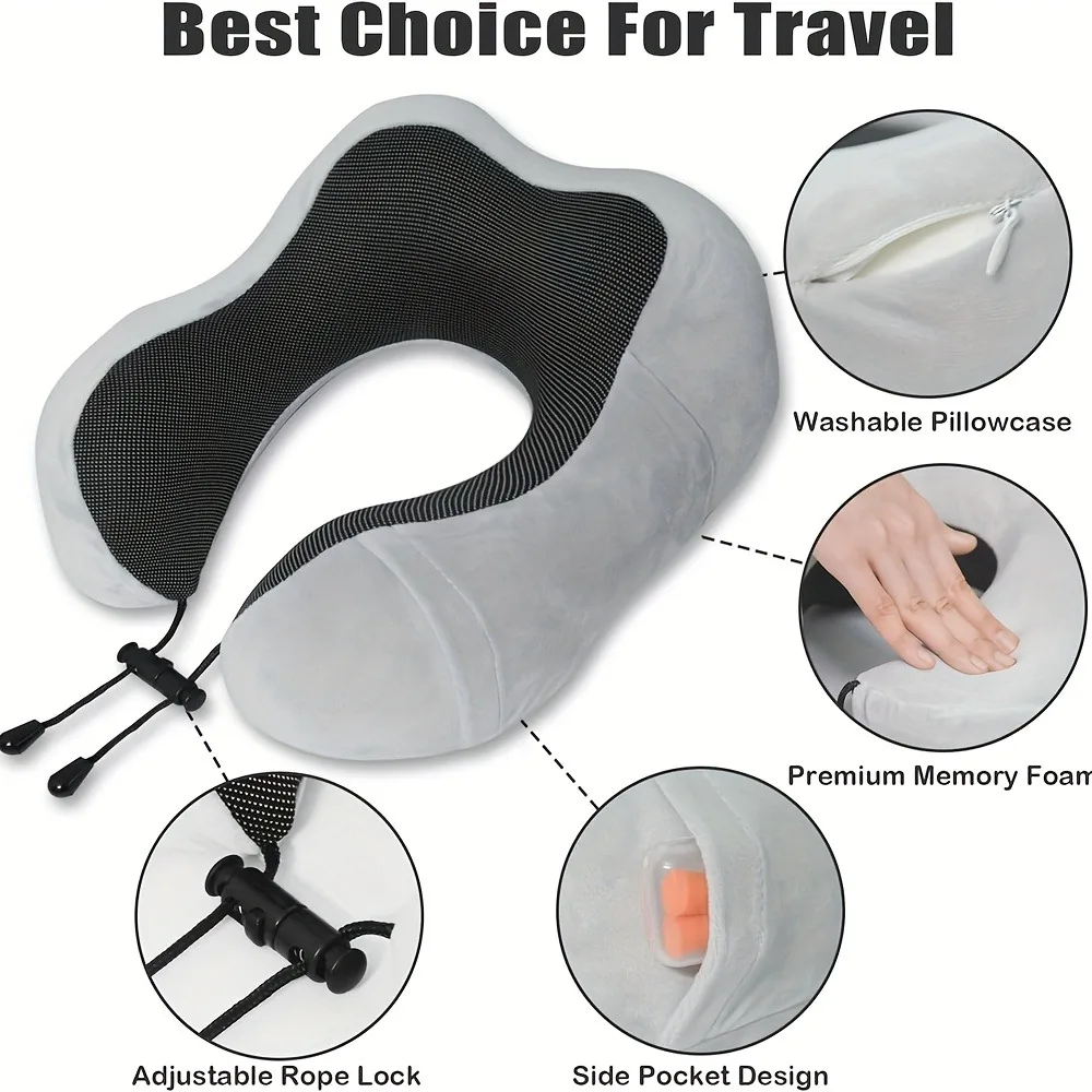 Travel Pillow, Airplane Sleep Travel Pillow, Memory Foam Neck Pillow Set Includes Eye Mask, Earplugs, and Storage Pouch - view 5