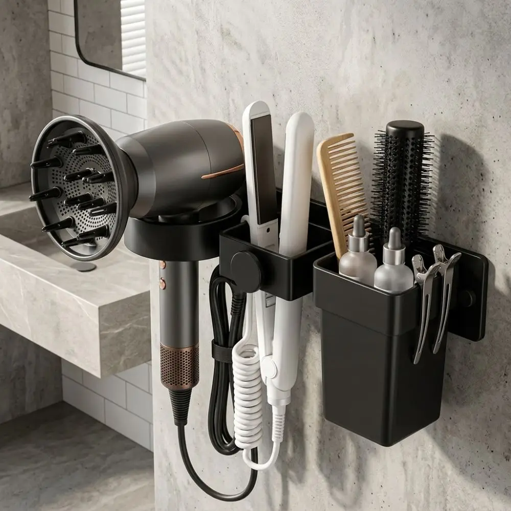 Multi-Slot Wall Mount Hair Dryer Holder Detachable Cup Plastic Hair Straightener Holder Waterproof Large Capacity
