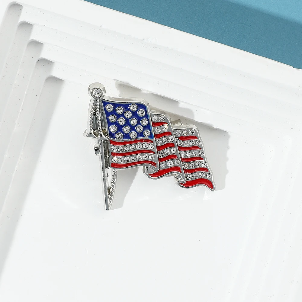 American Flag Brooch Pin, Crystal Rhinestone Waving USA Flag Lapel Pin, Enamel US Flag Badge Jewelry Gift