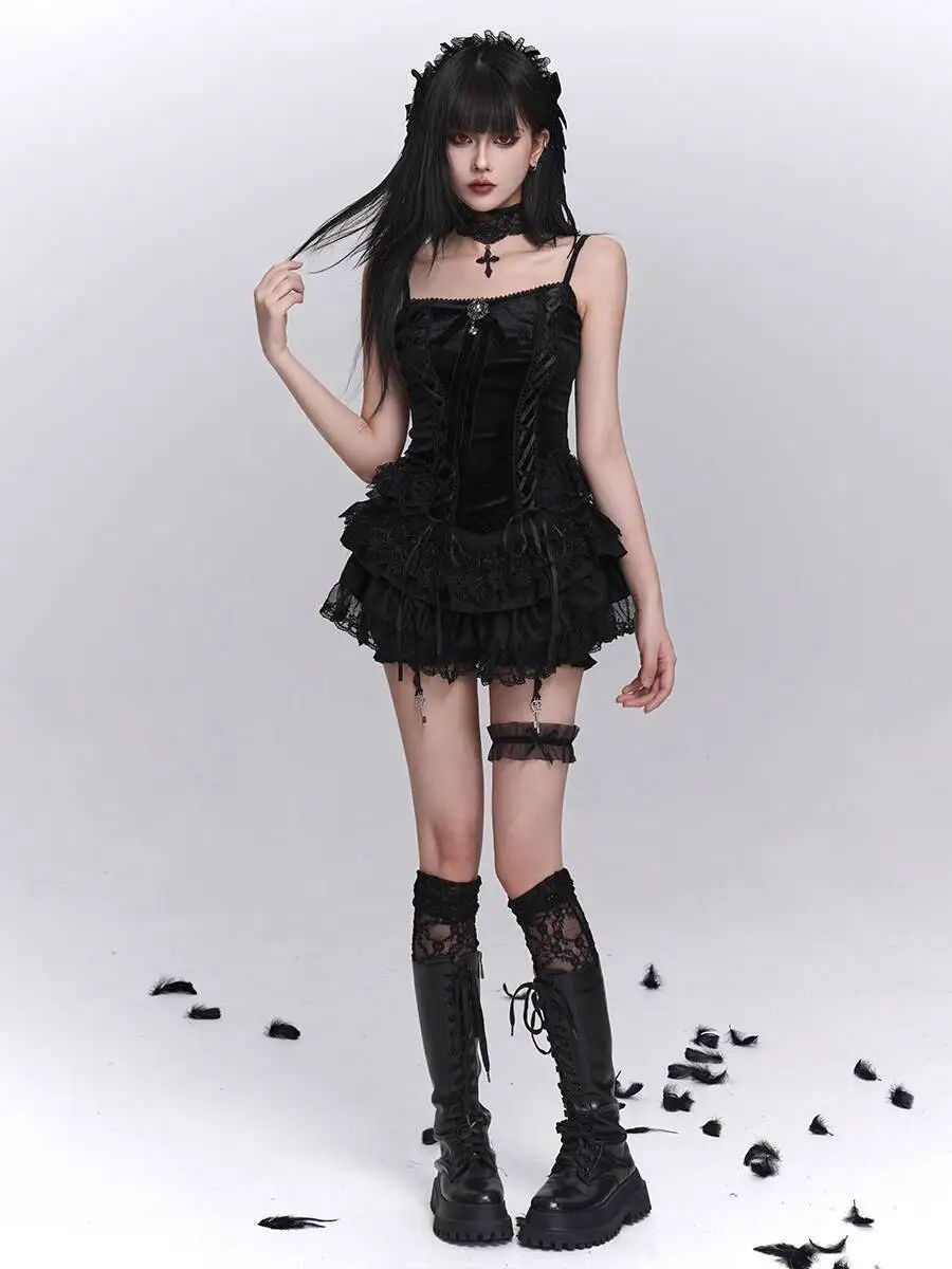 

Gothic Punk Women Three Piece Set 2026 Spring Summer Camisole Skirt Set Ghost Costume Black Puff Tiered Skirt Set Y2K Outfit