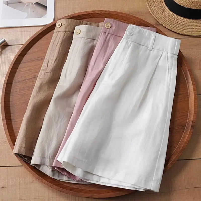 Summer Office Lady Simplicity Flax Five Quarter Pants Women Clothing Casual Buttons Zipper Solid Color High Waist Trousers Women