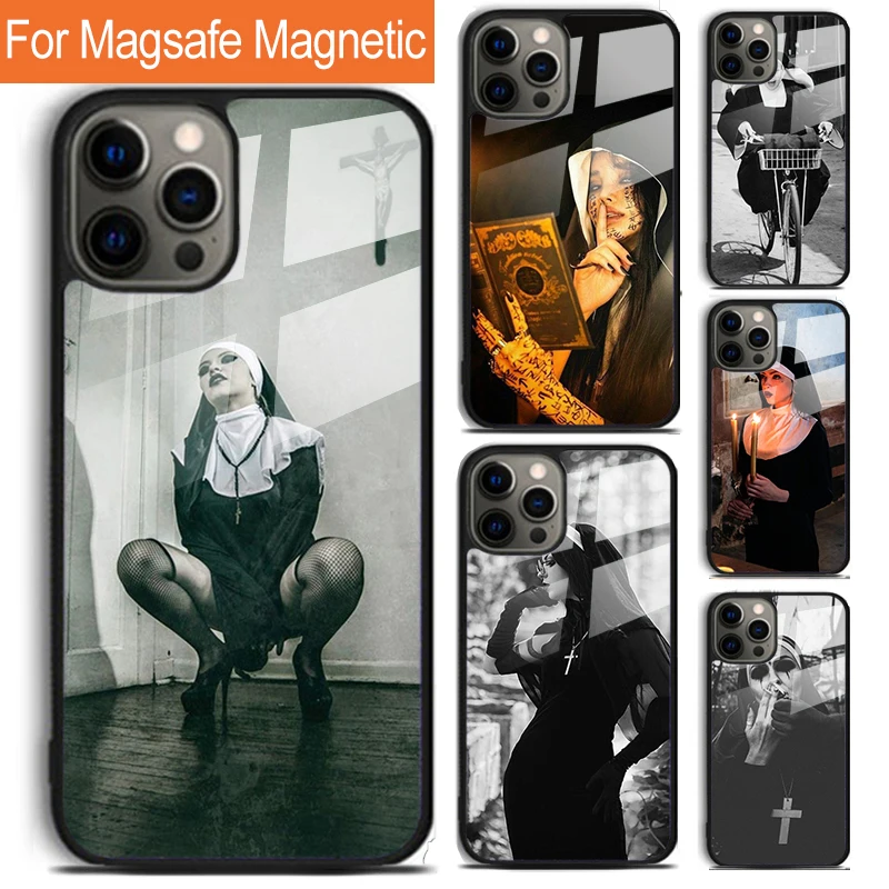 Sexy Girl Sister Style Nun Phone Case For iPhone 16 15 14 13 12 11 Pro Max Plus Magsafe Magnetic Wireless Charging Cover