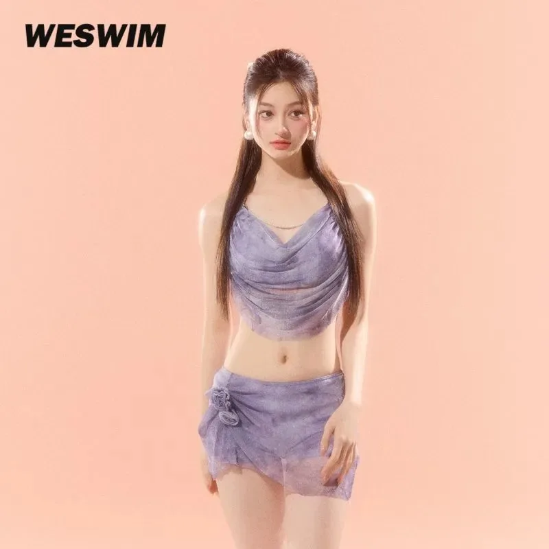 Shimmer Purple Mesh Halter Bikini Skirt Set Draped Top Sexy Sheer Swimsuit For Summer